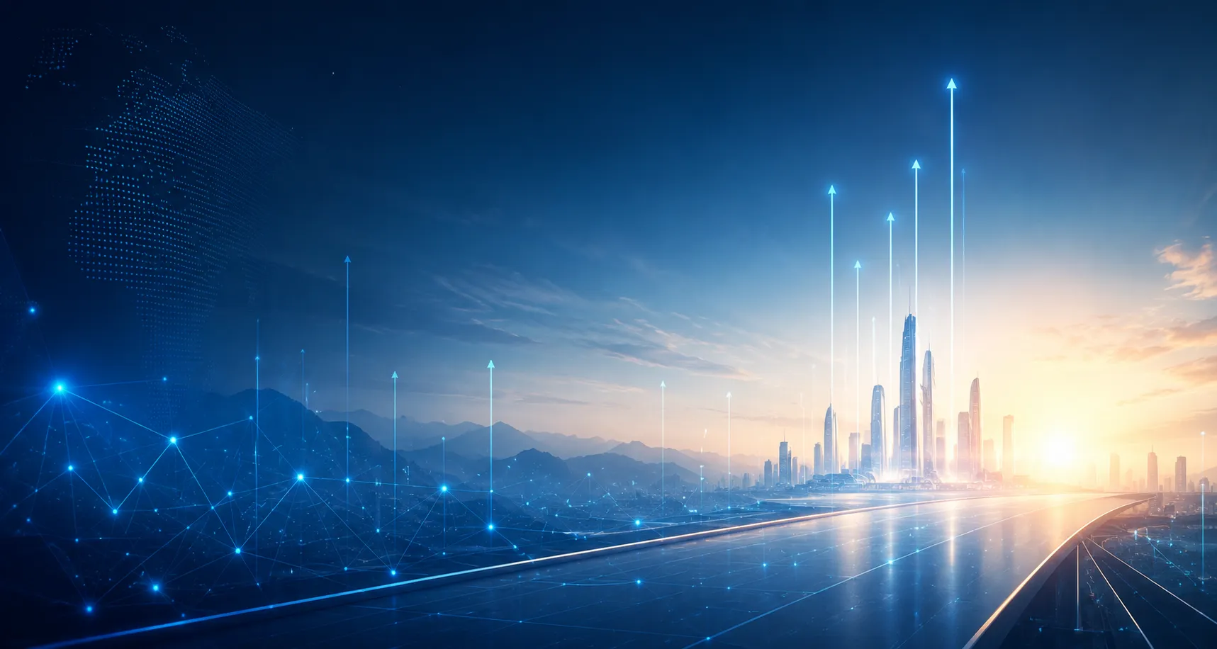 A city skyline at first light, with a network of connections and rising arrows drawn over it